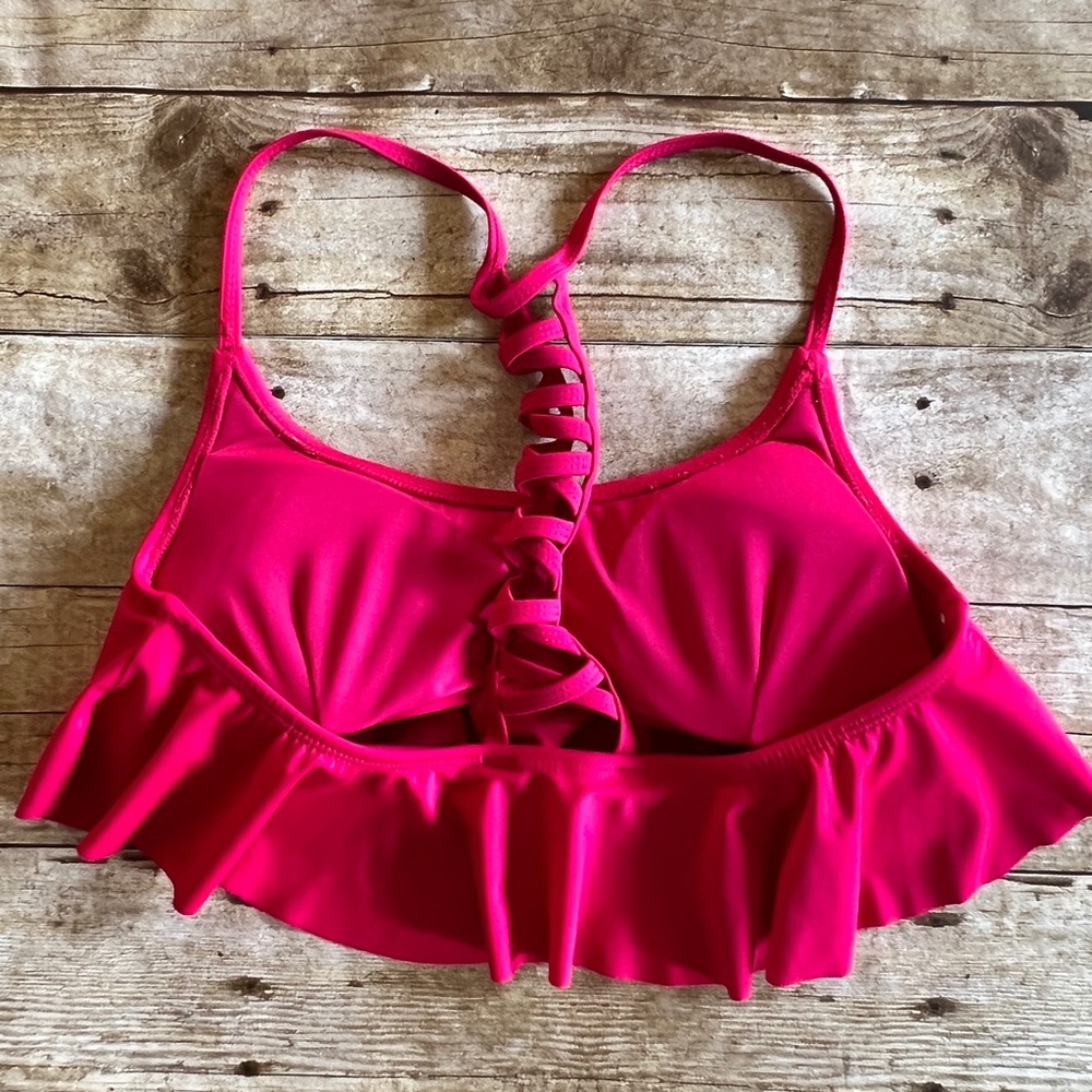 Hot Pink Flounce Ruffle Bikini Top Strappy Lattice Back Swim Separate Womens - Picture 8 of 9